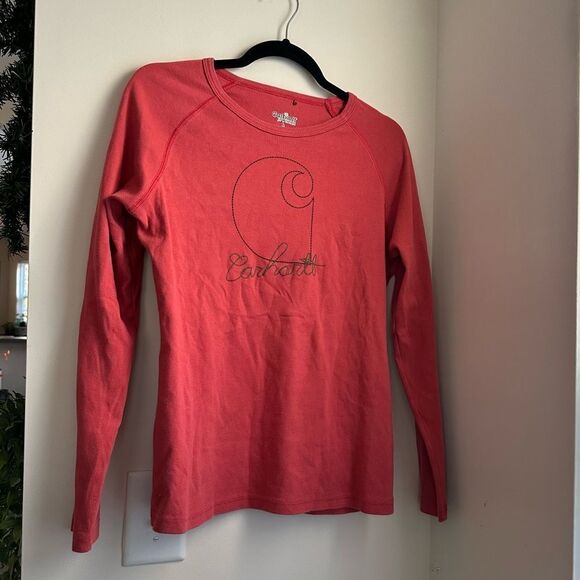 Carhartt red ish/orange long sleeve shirt with embroidery/embroidered front - Picture 1 of 5